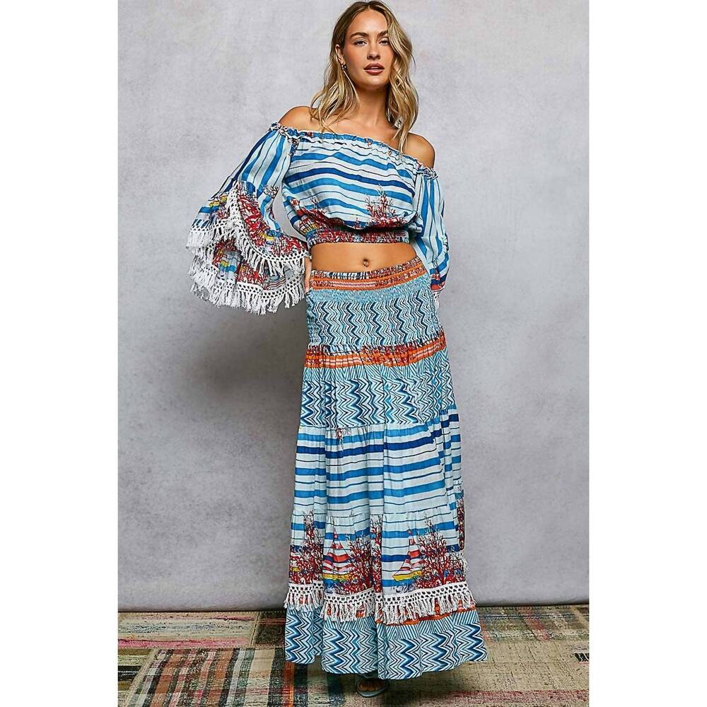 NEW POL off-shoulder fringe sleeve smocked top and skirt set in ivory/blue multi